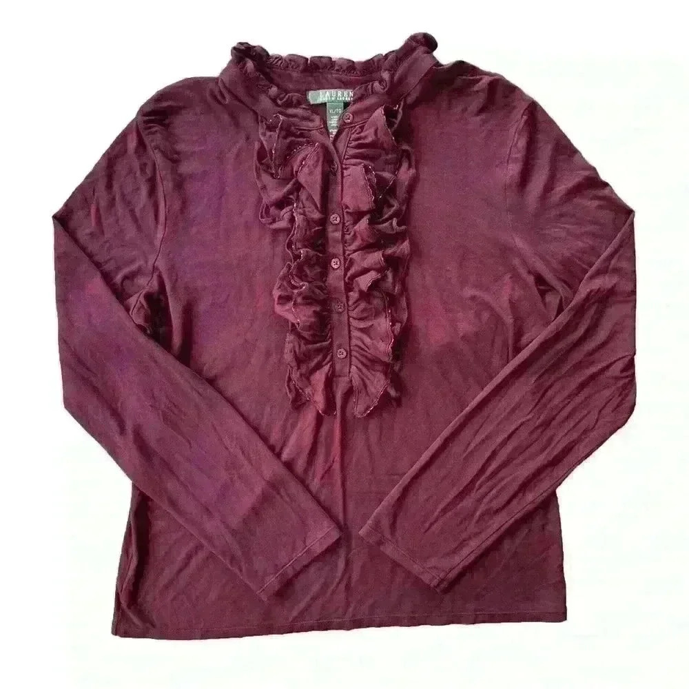 Lauren Ralph Lauren Blouse Womens XL Long Sleeve Beaded Ruffles Burgundy Stretch - Picture 1 of 8
